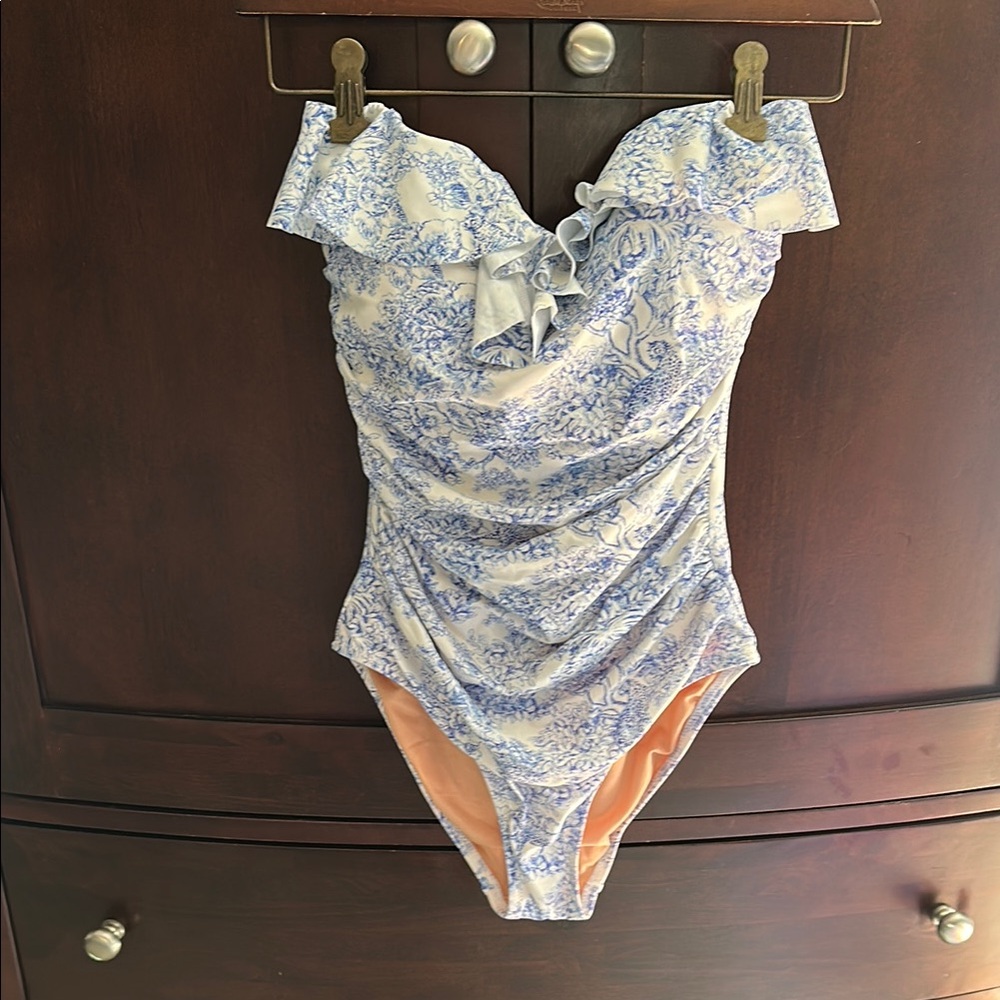 Blue and White Floral Toile Swimsuit